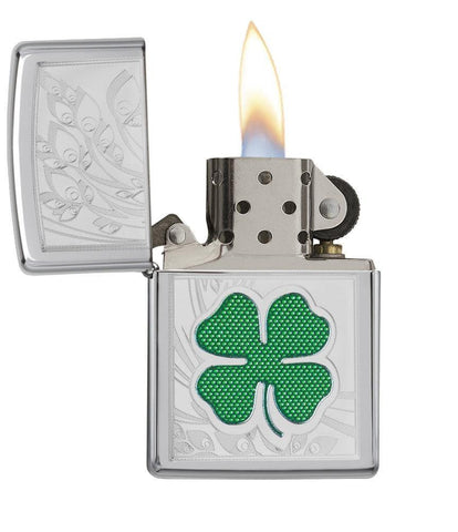 Front view of the Green & Silver Shamrock High Polish Chrome Lighter open and lit