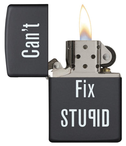 Can't Fix Stupid Black Matte Windproof Lighter with its lid open and lit