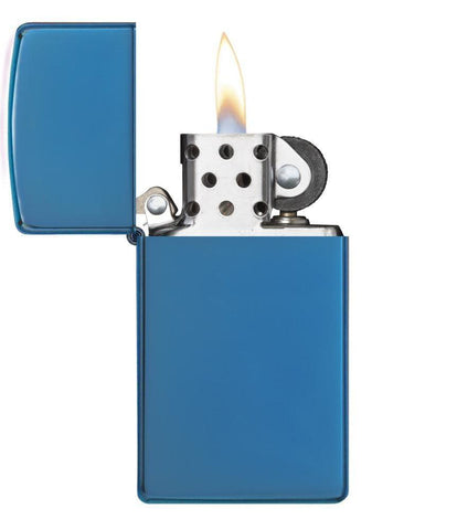 High Polish Blue Finish with Slim Case with its lid open and lit.