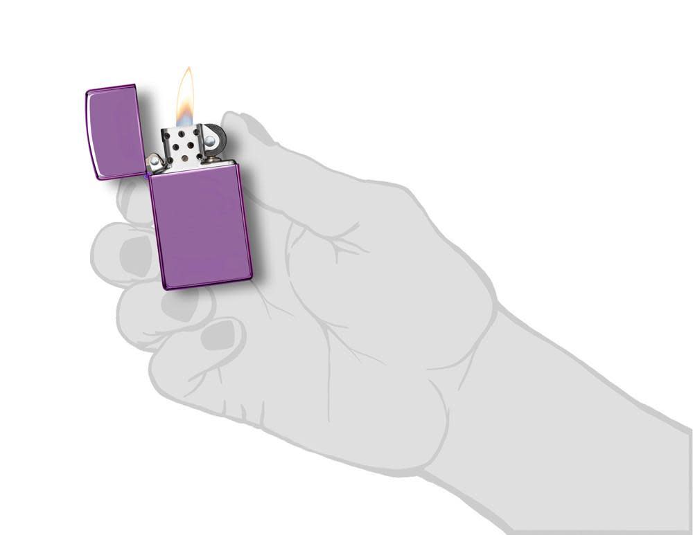 Front view of the Abyss Slim Windproof Zippo Lighter in hand open and lit.