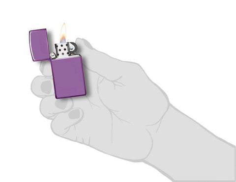 Front view of the Abyss Slim Windproof Zippo Lighter in hand open and lit.