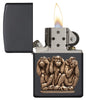 Three Monkeys Black Matte Windproof Lighter with its lid open and lit.