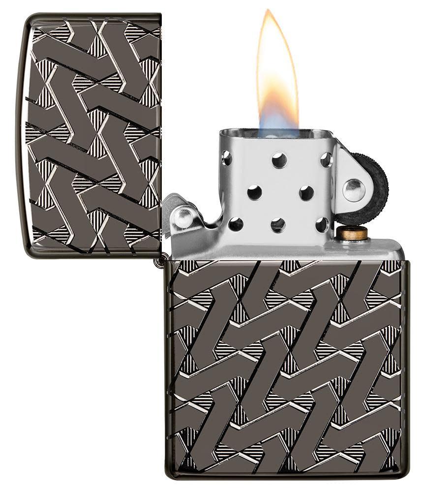 Armor Geometric Weave High Polish Black Ice Windproof Lighter with its lid open and lit