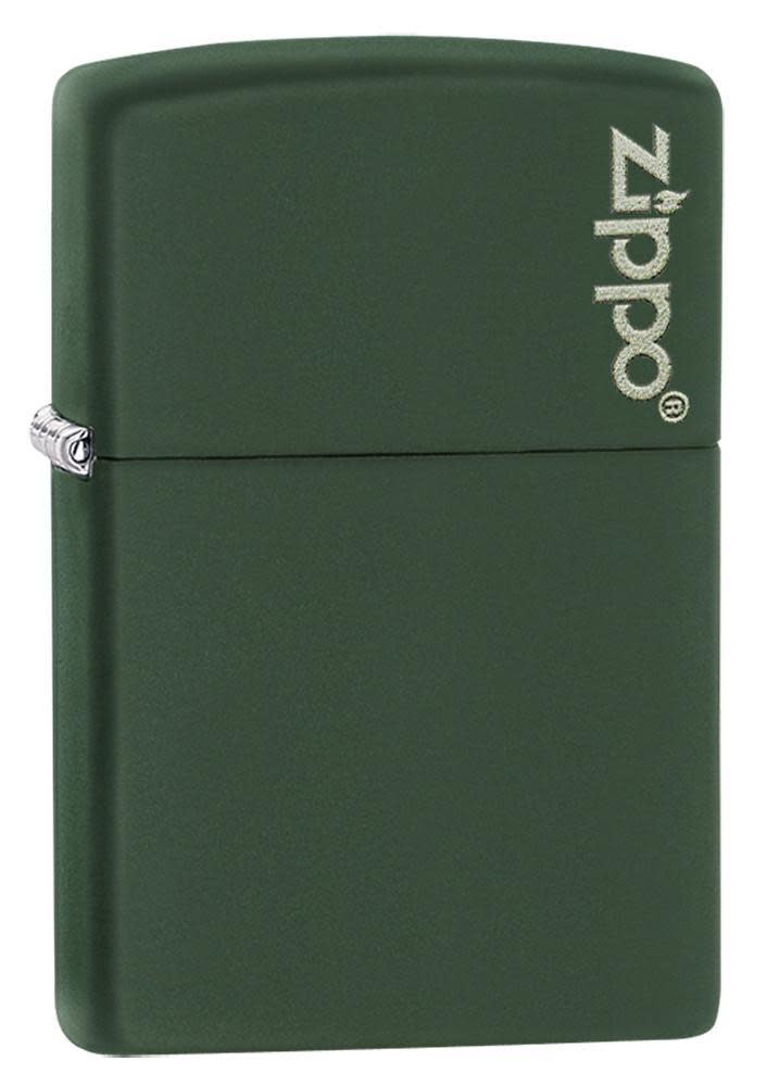 Front view of the Green Matte with Zippo Logo Lighter shot at a 3/4 angle