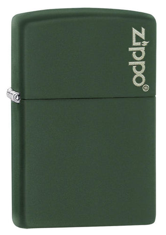 Front view of the Green Matte with Zippo Logo Lighter shot at a 3/4 angle