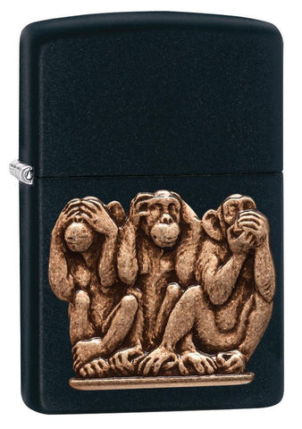 Front shot of Three Monkeys Black Matte Windproof Lighter standing at a 3/4 angle.