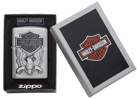 Harley-Davidson Eagle Wings Emblem Brushed Chrome Windproof Lighter in packaging