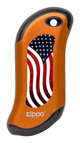 Front of American Flag: Orange HeatBank® 9s Rechargeable Hand Warmer