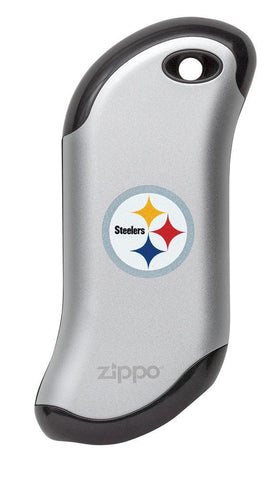 Front of silver NFL Pittsburgh Steelers: HeatBank 9s Rechargeable Hand Warmer