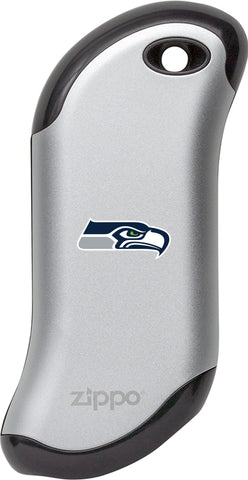 Front of silver NFL Seattle Seahawks: HeatBank 9s Rechargeable Hand Warmer