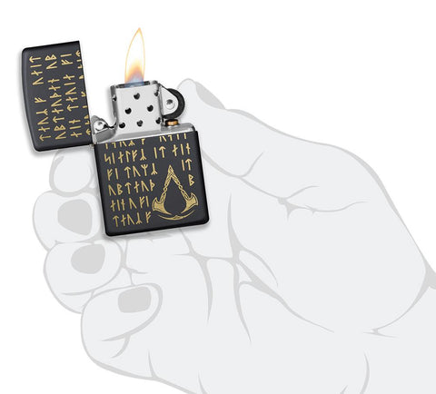 Assassin's Creed®Valhalla - Runes Pocket Lighter open, lit and in hand showing the front of the lighter