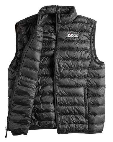 Zippo Men's Packable Down Vest laying flat, unzipped with the jacket open and folded over.