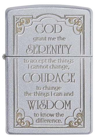 Front shot of Satin Chrome Serenity Prayer Windproof Lighter.