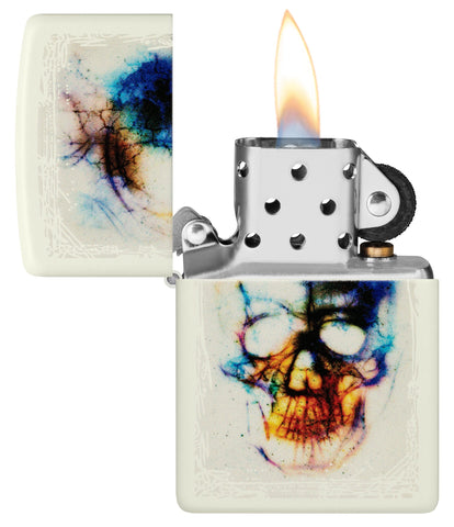 Zippo Skull Print Design Glow in the Dark Matte Windproof Lighter with its lid open and lit.