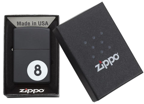 Billiards 8-Ball Black Matte Windproof Lighter in it's packaging.