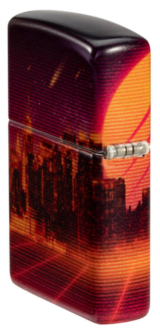 Angled shot of Zippo Cyber City Design 540 Color Matte Windproof Lighter showing the back and hinge side of the lighter.