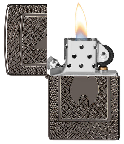 Zippo Flame Pattern Design Armor Black Ice Windproof Lighter with its lid open and lit.