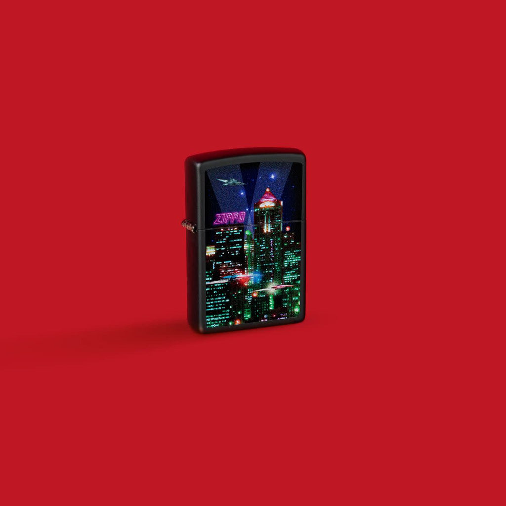 Glamour shot of Zippo Zippo Cyber City Design Black Matte Windproof Lighter Lighter standing in a red scene.