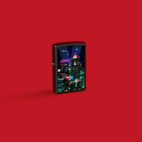 Glamour shot of Zippo Zippo Cyber City Design Black Matte Windproof Lighter Lighter standing in a red scene.