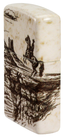 Angled shot of Zippo Wild West Scene Design 540 Color Windproof Lighter showing the front and right side of the lighter.