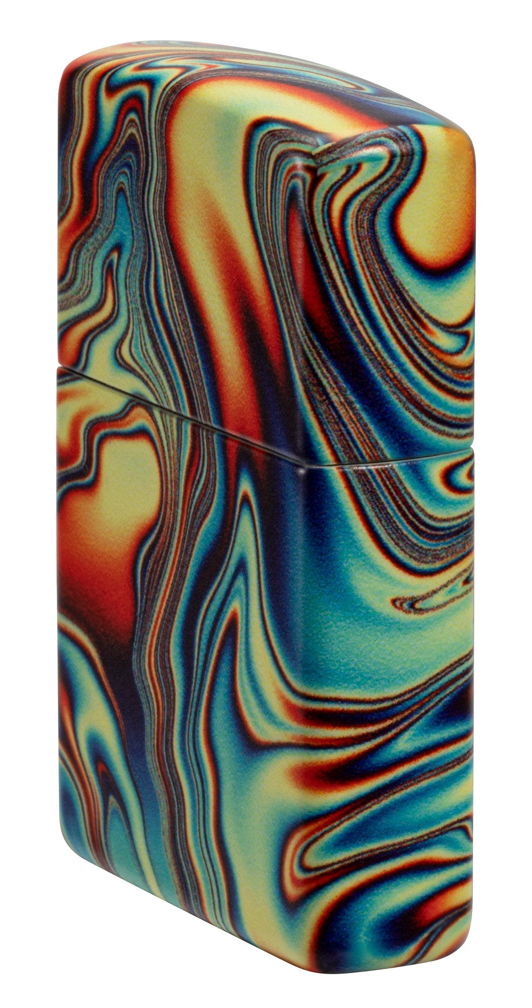 Angled shot of Zippo Colorful Swirl Design Glow in the Dark 540 Color Windproof Lighter showing the front and right side of the lighter.