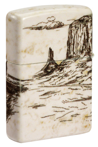 Back shot of Zippo Wild West Scene Design 540 Color Windproof Lighter standing at a 3/4 angle.