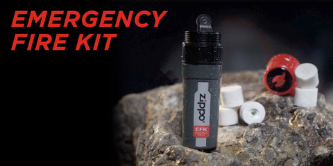 Front view of the Emergency Fire Kit and Tinder sitting on a rock