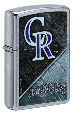 Front shot of MLB® Colorado Rockies™ Street Chrome™ Windproof Lighter standing at a 3/4 angle.