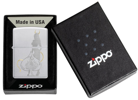 Zippo Devilish Ace Design Satin Chrome Windproof Lighter in its packaging.