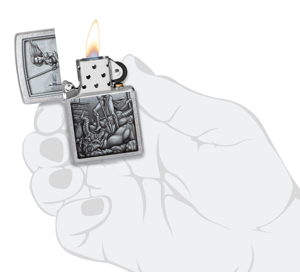 Medieval Wonman Warrior Street Chrome Windproof Lighter lit in hand.