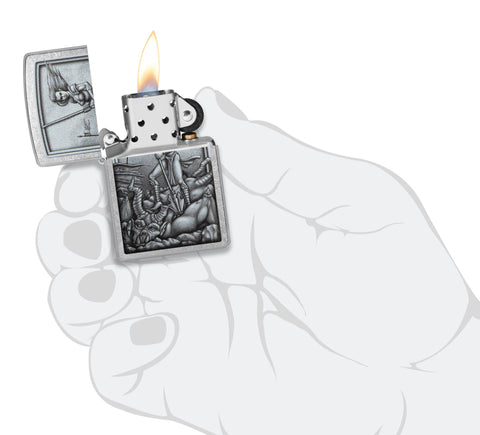 Medieval Wonman Warrior Street Chrome Windproof Lighter lit in hand.