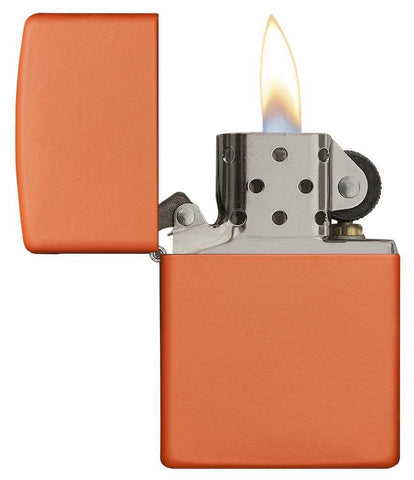Classic Orange Matte Windproof Lighter with its lid open and lit