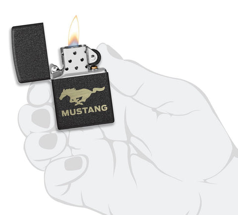 Ford® Mustang Black Crackle® Windproof Lighter lit in hand.