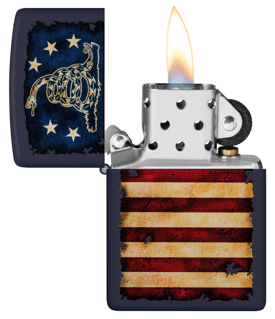 Zippo Don't Tread On Me US Flag Navy Matte Windproof Lighter with its lid open and lit.