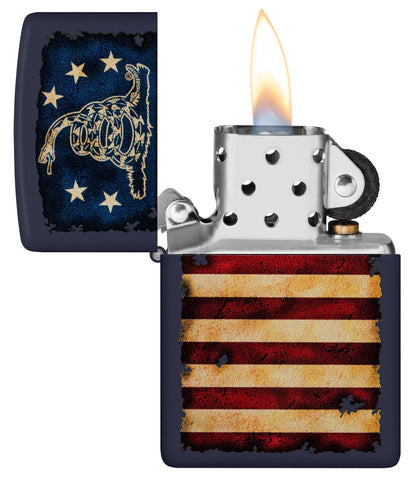 Zippo Don't Tread On Me US Flag Navy Matte Windproof Lighter with its lid open and lit.