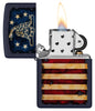 Zippo Don't Tread On Me US Flag Navy Matte Windproof Lighter with its lid open and lit.