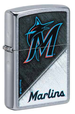 Front shot of MLB® Miami Marlins™ Street Chrome™ Windproof Lighter standing at a 3/4 angle.