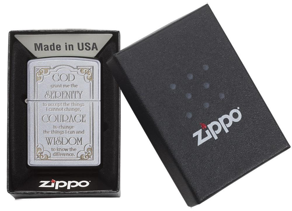 Satin Chrome Serenity Prayer Windproof Lighter in its packaging.