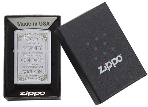 Satin Chrome Serenity Prayer Windproof Lighter in its packaging.