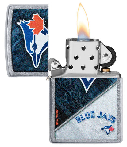 MLB® Toronto Blue Jays™ Street Chrome™ Windproof Lighter with its lid open and lit.