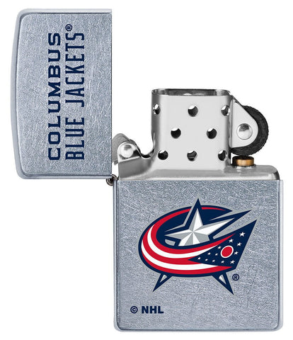 NHL Columbus Blue Jackets Street Chrome™ Windproof Lighter with its lid open and unlit