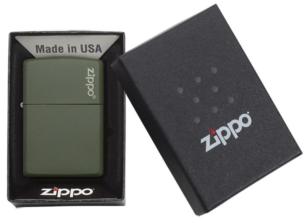 Front view of the Green Matte with Zippo Logo Lighter in one box packaging
