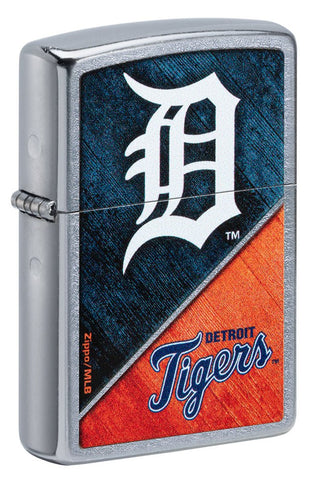 Front shot of MLB® Detroit Tigers™ Street Chrome™ Windproof Lighter standing at a 3/4 angle.