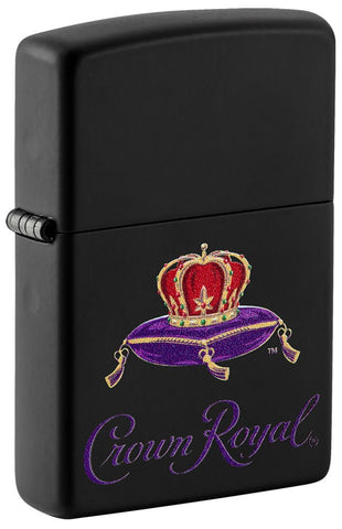 Front shot of Crown Royal® Logo Black Matte Windproof Lighter standing at a 3/4 angle.