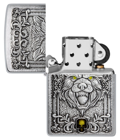 Zippo Wolf Emblem Design Brushed Chrome Windproof Lighter with its lid open and unlit.