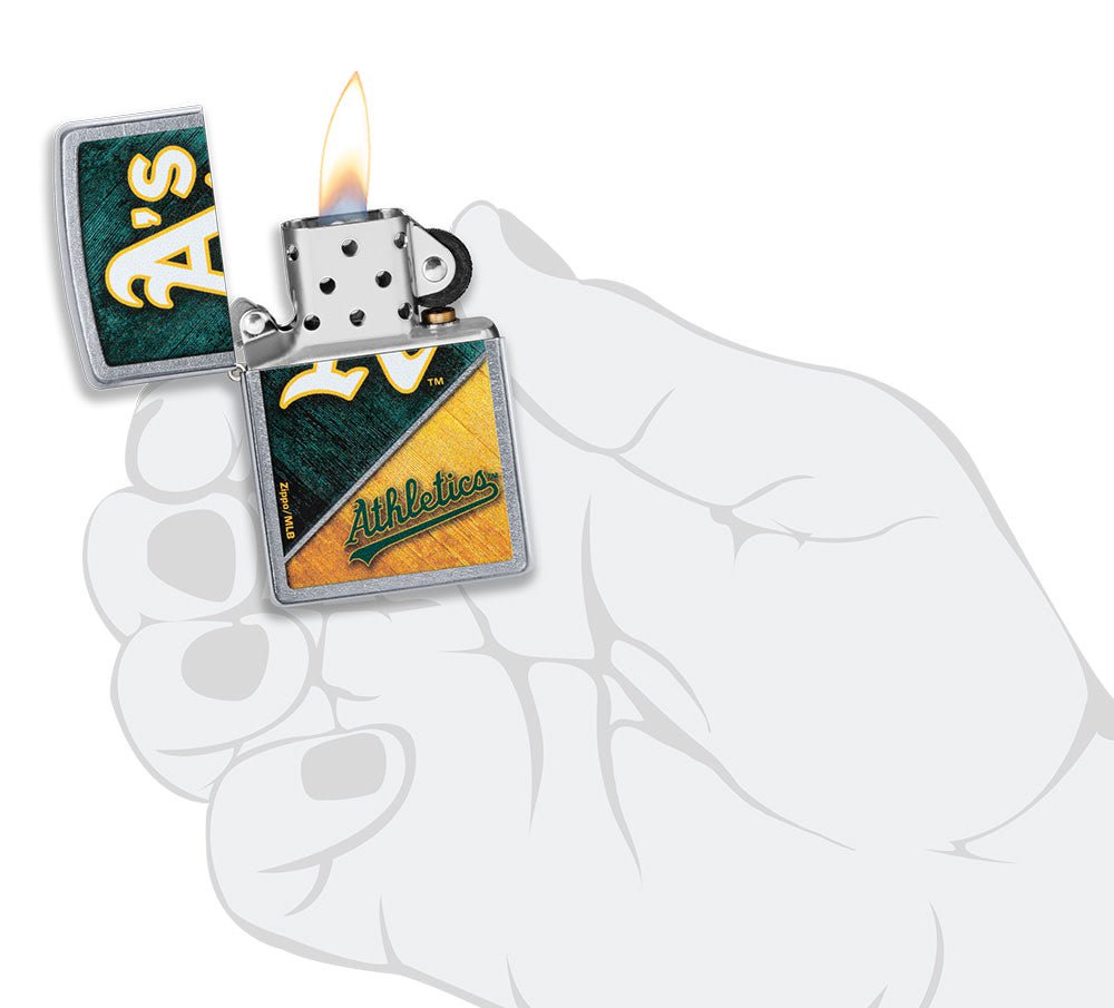 MLB™ Oakland Athletics™ Street Chrome™ Windproof Lighter lit in hand.