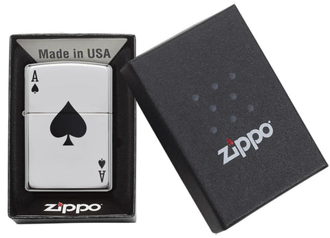 Black Ace of Spades Card High Polish Chrome Windproof Lighter in packaging