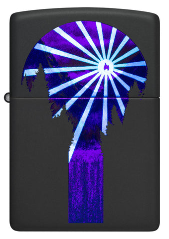 Front view of Zippo Black Light Lava Lamp Design Black Matte Windproof Lighter glowing.