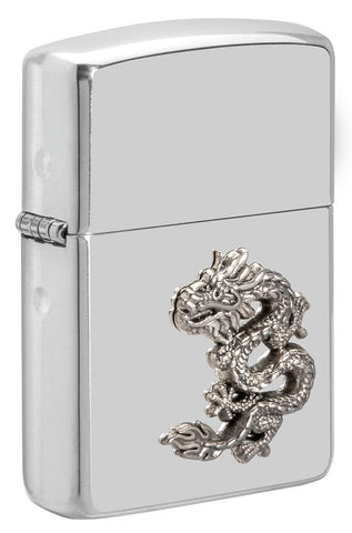 Front shot of Armor® Chinese Dragon Sterling Silver Emblem Windproof Lighter standing at a 3/4 angle