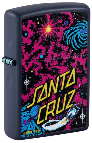 Front shot of Santa Cruz Outer Space Galaxy Design Navy Matte Windproof Lighter standing at a 3/4 angle.